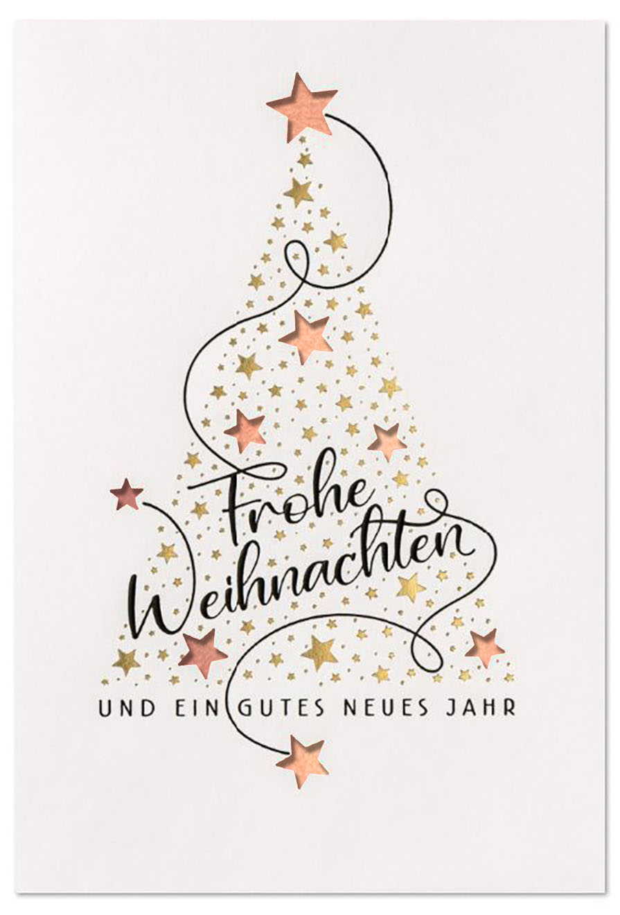 Festliche Spendenkarte mit Baum aus Sternen, Weihnachtsgruß und gutem Zweck: Kinder-Not-Hilfe, Einleger kupfer