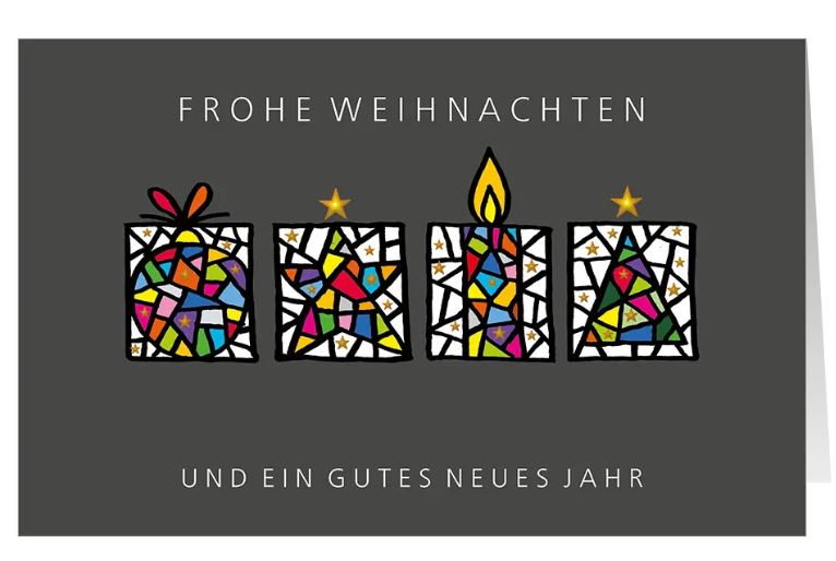 Weihnachtskarte "Farbenspiel" im farbenfrohen Design mit Weihnachtsgruß und bunten Mosaikfeldern