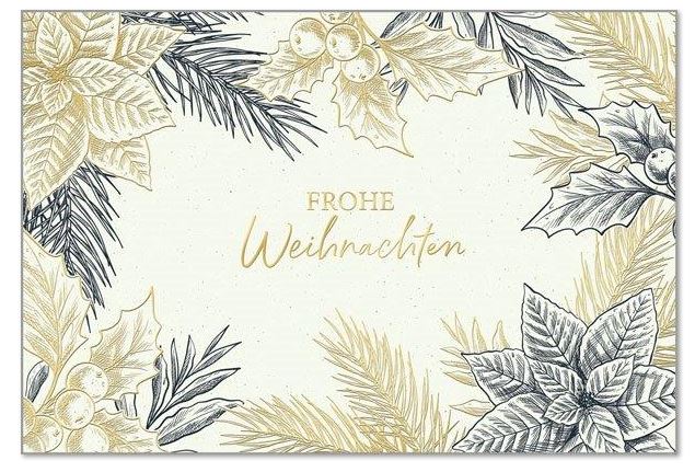 Florale Festtagskarte "Weihnachtsstern" mit Gold- und Schwarzfolienprägung sowie Gruß FROHE WEIHNACHTEN