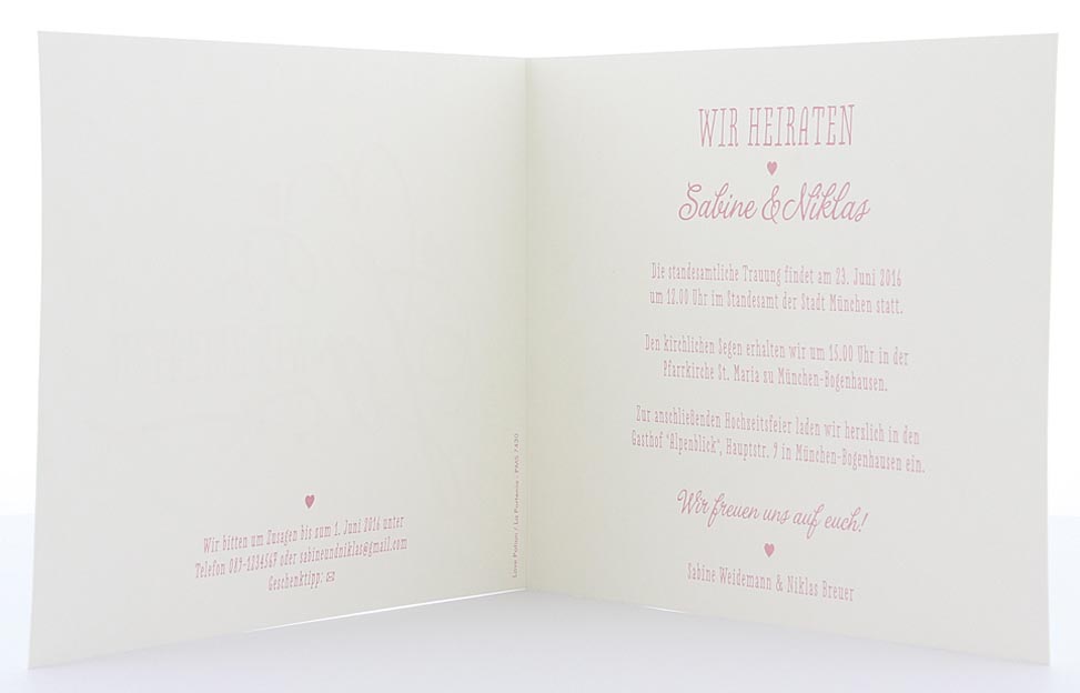 Hochzeitskarte cremeweiß mit altrosa Tiefprägung im Sonderformat