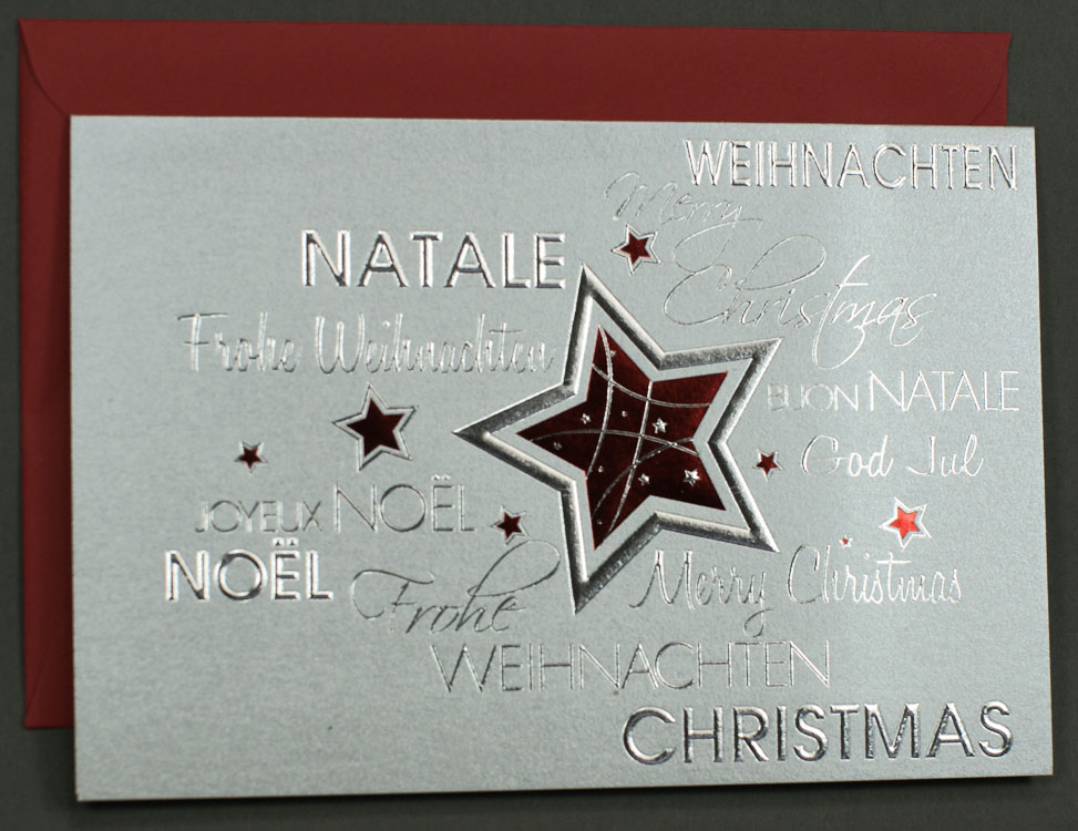 Weihnachtskarte silbergrau metallic mit Folienprägung rot/silber
