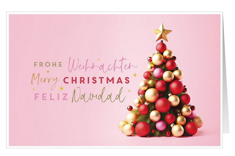 Mehrsprachige Weihnachtskarte in rosa