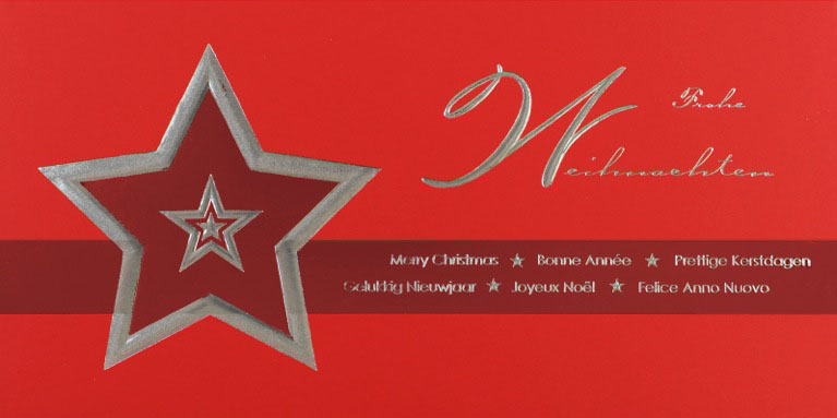 Weihnachtskarte rot Frohe Weihnachten international mit roter und silberner Folienprägung