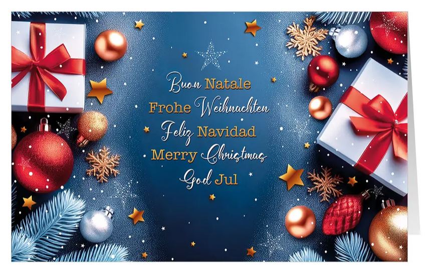 Internationale Weihnachtsgrüße "Festtagsfreude" in elegantem Blau mit Geschenken, Sternen und Weihnachtskugeln