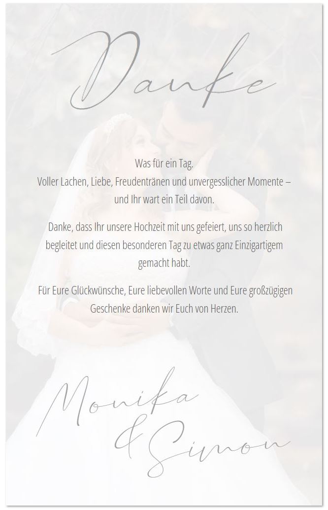 Rückseite mit Mustertext und Wasserzeichen Fotodruck - Hochzeits-Dankkarte mit persönlichem Erinnerungs-Foto - 2-Seitig als Einzelkarte