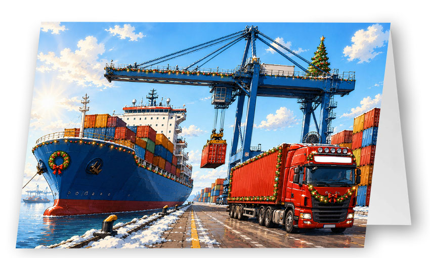 Branchenweihnachtskarte „Weihnachtshafen“ mit Containerschiff, geschmücktem Hafenkran und festlich dekoriertem Speditions-LKW
