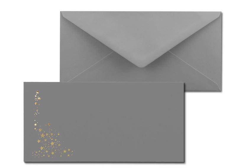 Weihnachts-Briefumschlag grau mit goldenen Sternen, nassklebend, ohne Fenster, DIN lang