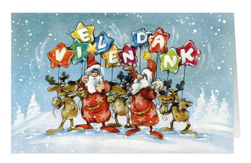 Weihnachtliche Dankeskarte "Gracias" im humorvollen Design mit lustigen Weihnachtsmännern und Rentieren