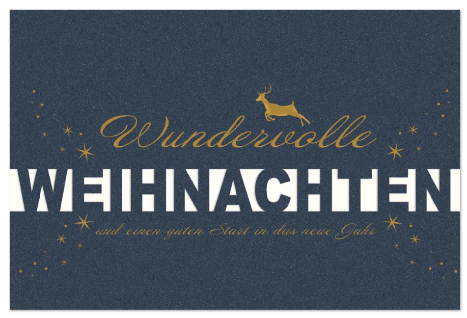 Elegante Laser-Weihnachtskarte in dunkelblau-metallic mit Goldfolienprägung und weißem Falteinlegeblatt innen