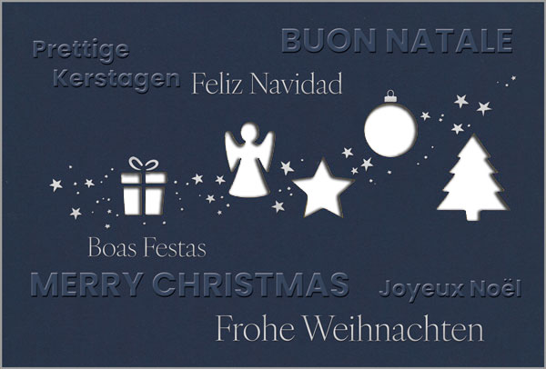 Stanz-Weihnachtskarte in dunkelblau mit internationalen Weihnachtsgrüßen und Einleger in weiß