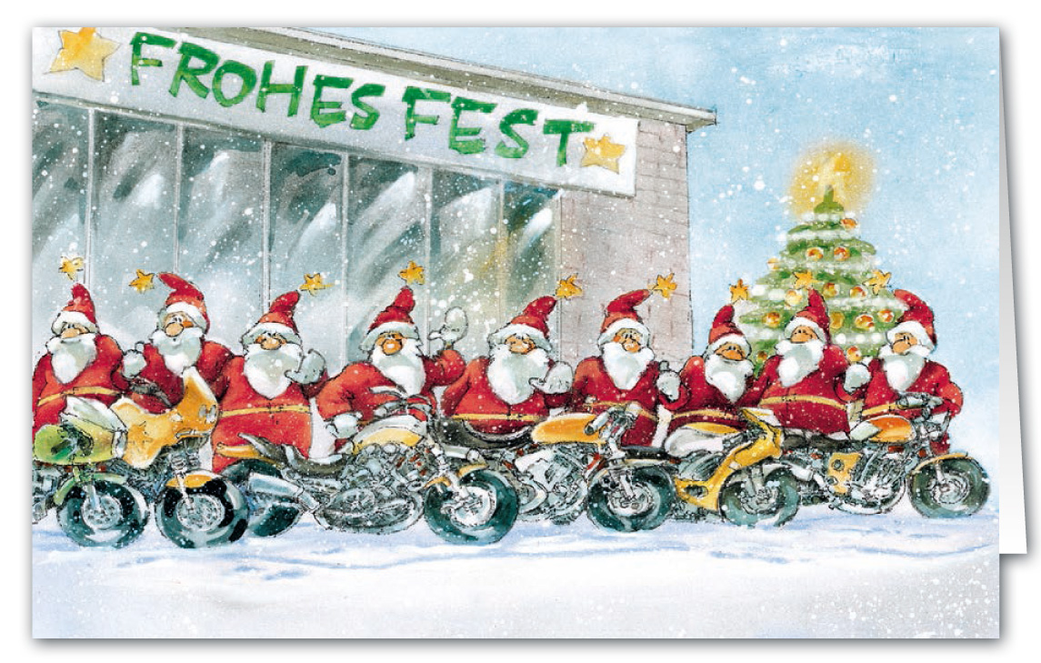 Weihnachtskarte als Branchenkarte mit Weihnachtmännern als Biker vor einem Motorradhaus