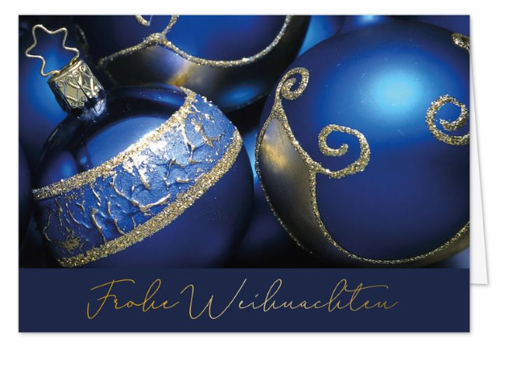 Klassische Weihnachtskarte "Königsblau" mit Christbaumkugeln und "Frohe Weihanchten" in edler Goldprägung