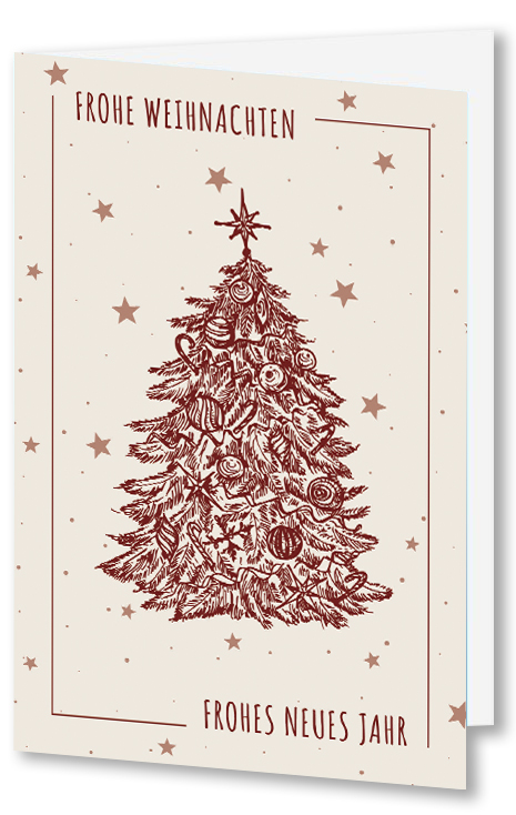 Festliche Weihnachtskarte in creme "Festlicher Tannenzauber" mit geschmücktem Christbaum und Sternenhintergrund sowie deutschsprachigem Gruß