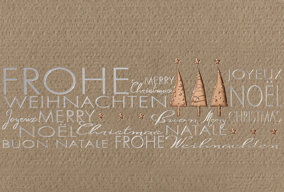 Weihnachtskarte sandfarben mit mehrsprachigen Weihnachtswünschen