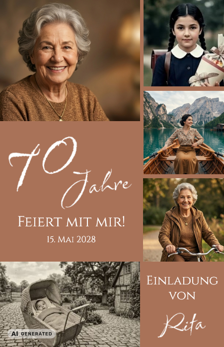 Fotokarte "Zeitreise" als Einladung zum 70. Geburtstag in Braun mit persönlicher Fotocollage und eigenem Text