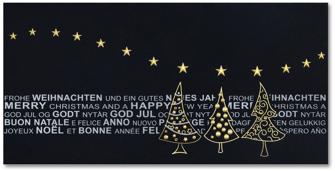 Weihnachtskarte schwarz silber gold international mit Weihnachtsbäumen und Sternen
