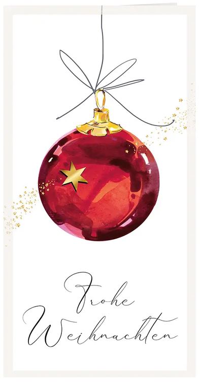 Festtagskarte "Roter Kugelschmuck" in Weiß mit Weihnachtsgruß und hängender Weihnachtskugel, DIN lang