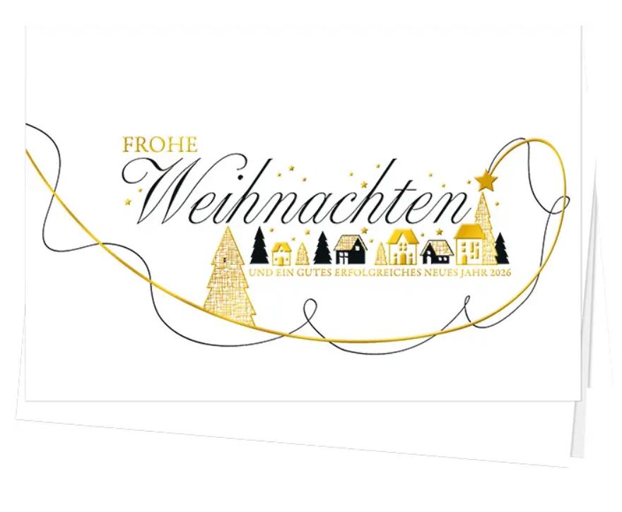 Firmenweihnachtskarte "Winterdorf" in weiß mit Schwarz- und Goldfolienprägung, inkl Einlegeblatt in weiß