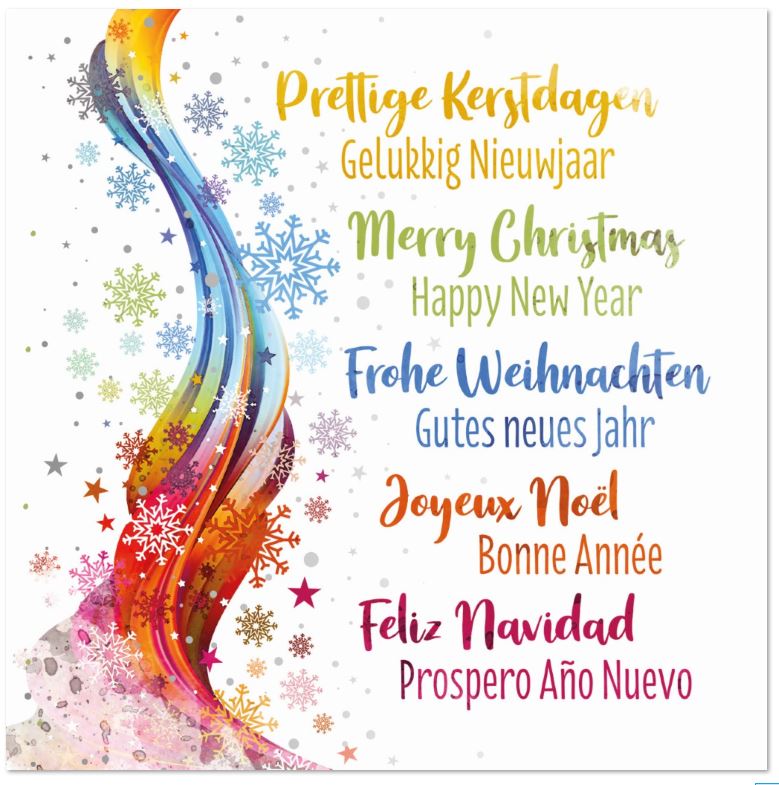 Internationale Weihnachtskarte mit buntem Farbdruck und Silberfolienprägung, quadratisch