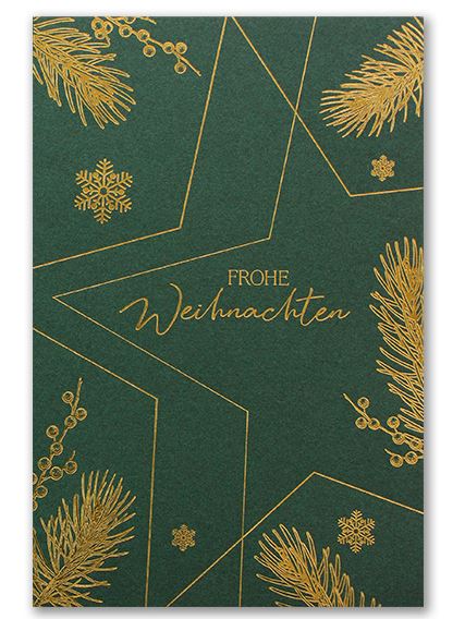 Elegante Weihnachtskarte "Green and Gold Star" in dunkelgrün mit Goldfolienprägung, inkl. Einlegeblatt innen