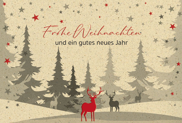 Weihnachtskarte mit Hirschen im Wald und Weihnachtsgruß, inkl. Einlegeblatt