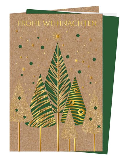 Naturbraune Laser-Weihnachtskarte "Festliche Stimmung" mit Goldfolienprägung und Einlegeblatt in Grün