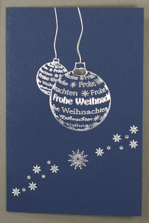 Weihnachtskarte dunkelblau mit silberner Folienprägung Kugeln
