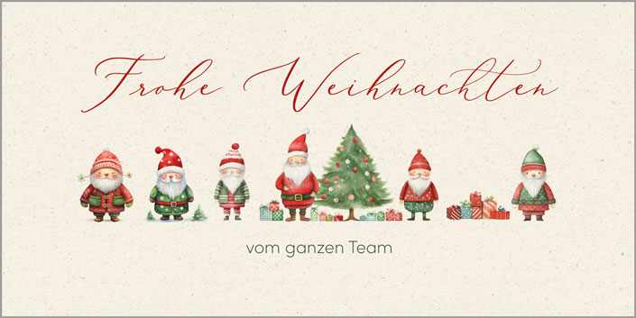 Humorvolle Firmenweihnachtskarte "Wichtelparade" mit Team-Weihnachtsgruß und fröhlichen Weihnachtsmännern