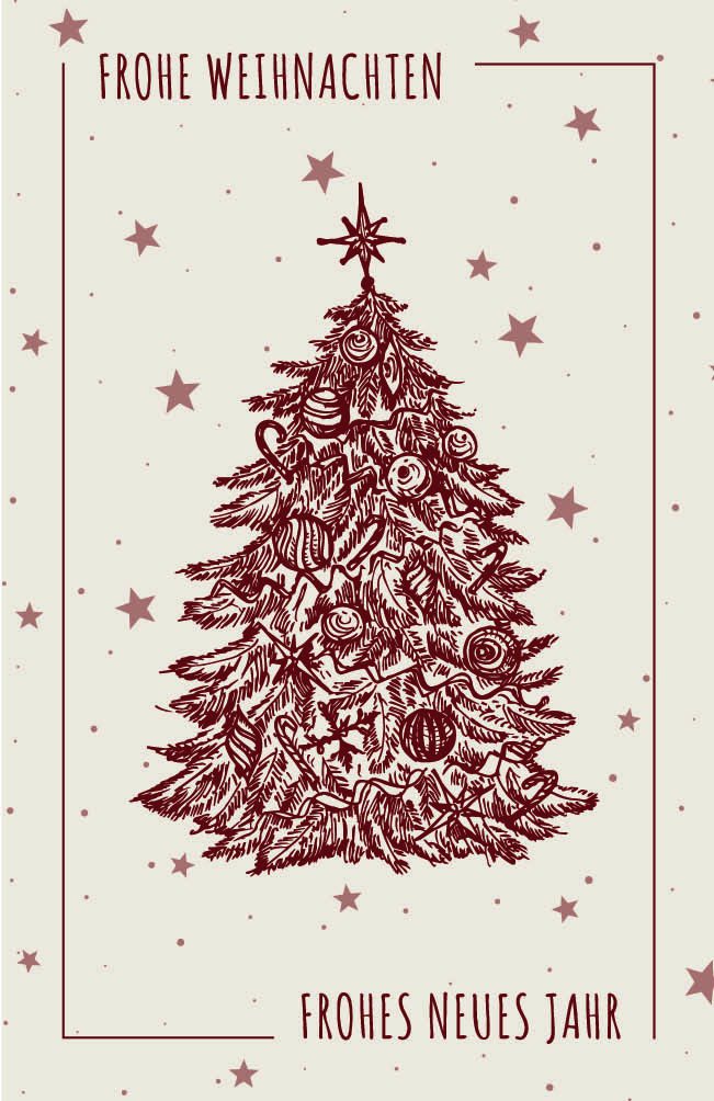 Festliche Weihnachtskarte in creme "Festlicher Tannenzauber" mit geschmücktem Christbaum und Sternenhintergrund sowie deutschsprachigem Gruß