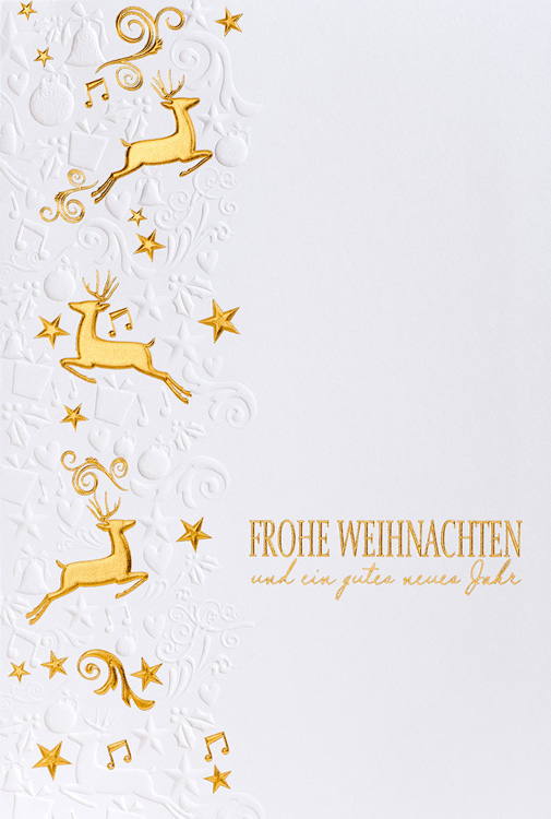 Weihnachtskarte weiß mit Goldfolie und Relief Rentiere Sterne