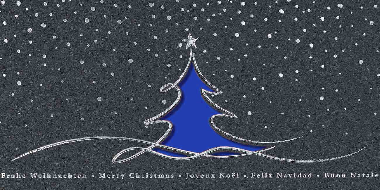 Internationale Weihnachtskarte mit Stanzung in anthrazit mit blauem Falteinlegeblatt