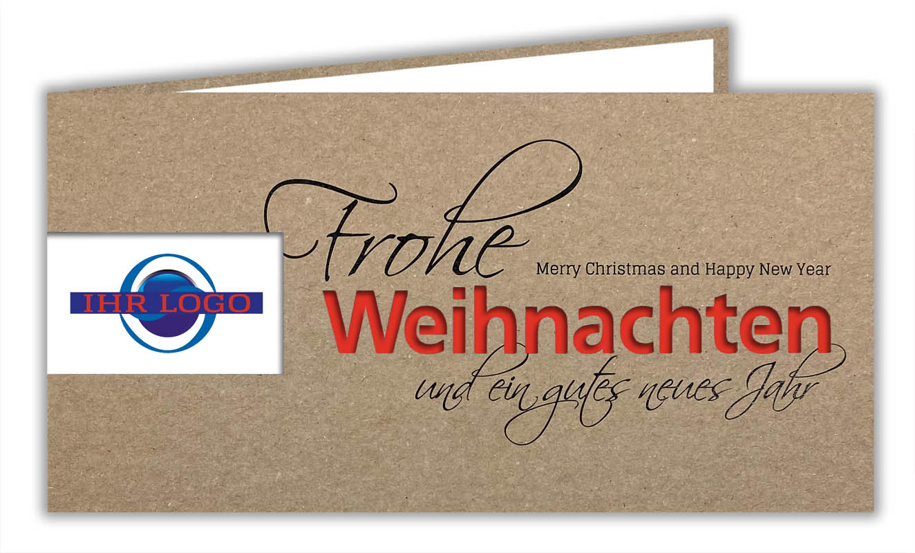 Naturbraune Weihnachtskarte aus Kraftkarton mit Firmen-Logo Stanzung und Schriftzug "Weihnachten" in rot