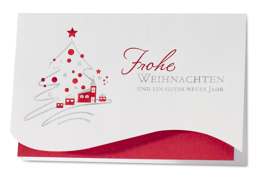 Weihnachtskarte weiß mit Weihnachtsbaum und Dorf
