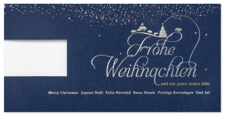 Mehrsprachige Firmenweihnachtskarte blau "Winterdorf" mit Fensterstanzung und internationalen Grüßen
