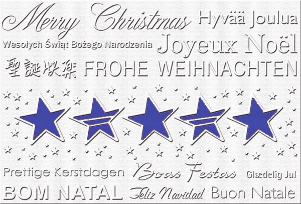 Weihnachtskarte in weiss mit Sternen und mehrsprachigem Weihnachtsgruß sowie blauem Einleger