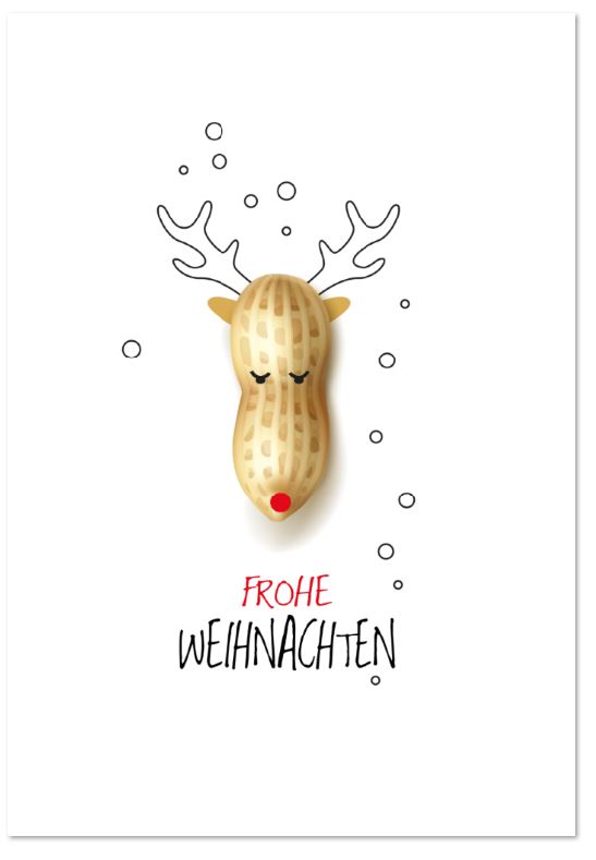 Spaßige Weihnachtskarte "Rentier Rudi" mit einem Rentier geformt aus einer Erdnuss und dem Gruß "Frohe Weihnachten"