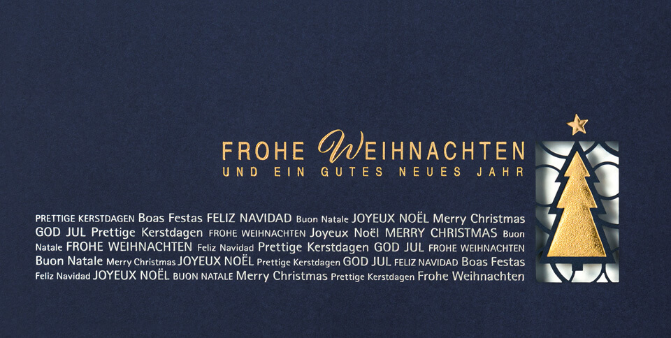 Weihnachtskarte nachtblau mit internationalen Grüßen - Spendenkarte Deutsche Alzheimer Gesellschaft