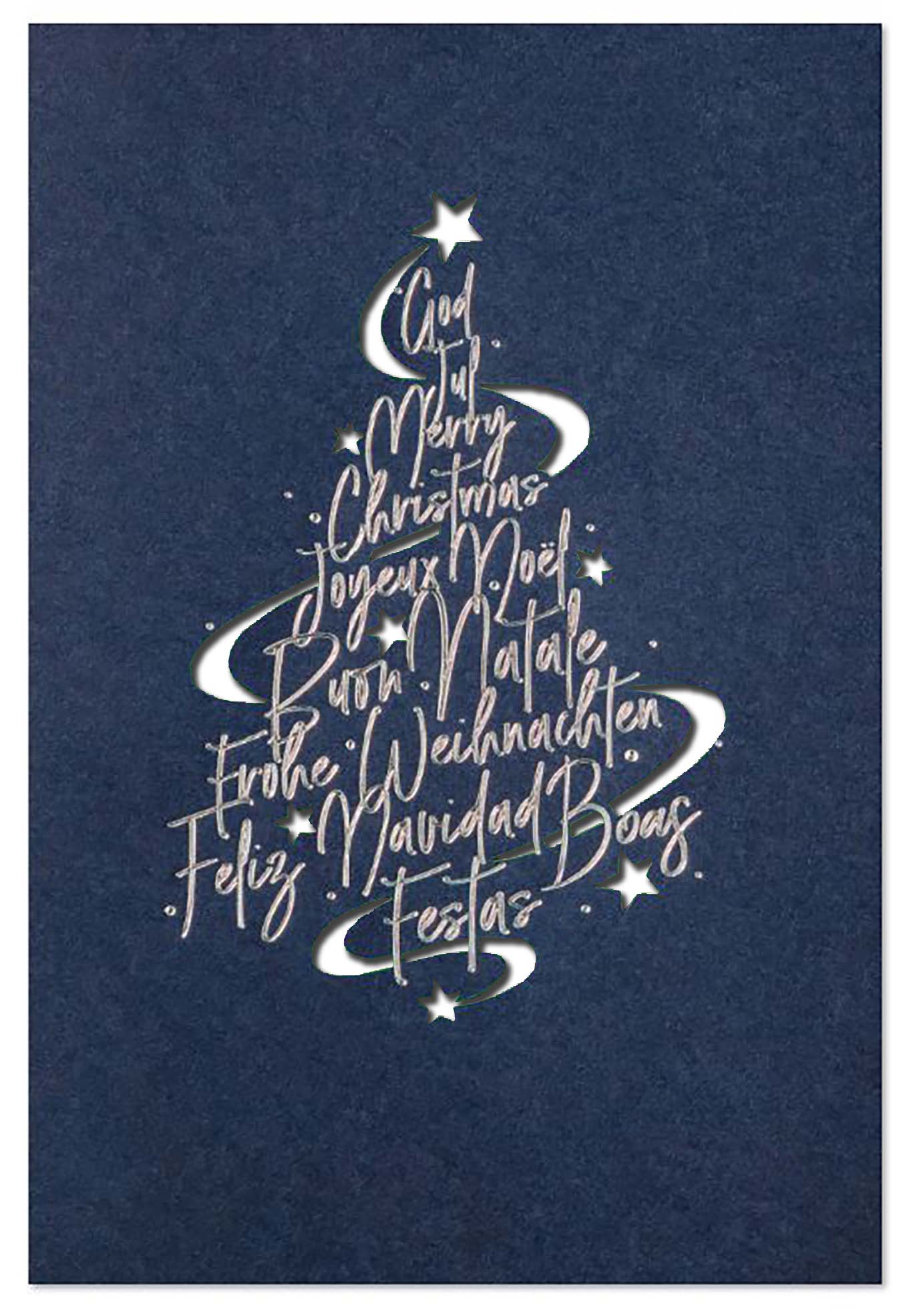 Mehrsprachige Weihnachtskarte in blau mit Silberfolienprägung und Stanzung, Einleger weiß