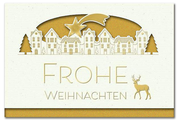 Weiße Festtagskarte "Weihnachtszauber" mit Formstanzung, Goldprägung und Einlegeblatt in gold