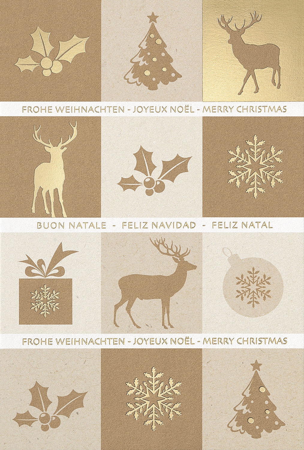 Weihnachtskarte mit verschiedenen weihnachtlichen Motiven in bräunlichen Farbtönen