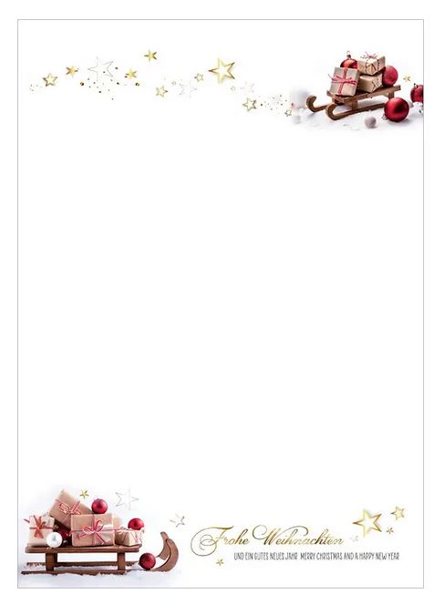 Winterliches Briefpapier mit deutsch-englischem Weihnachtsgruß und Schlitten mit Geschenken, DIN A4