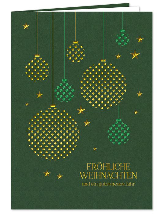 Festliche Spendenkarte „Kugelglanz“ in Tannengrün zugunsten der Kinderkrebs-Stiftung, inkl. Einlegeblatt
