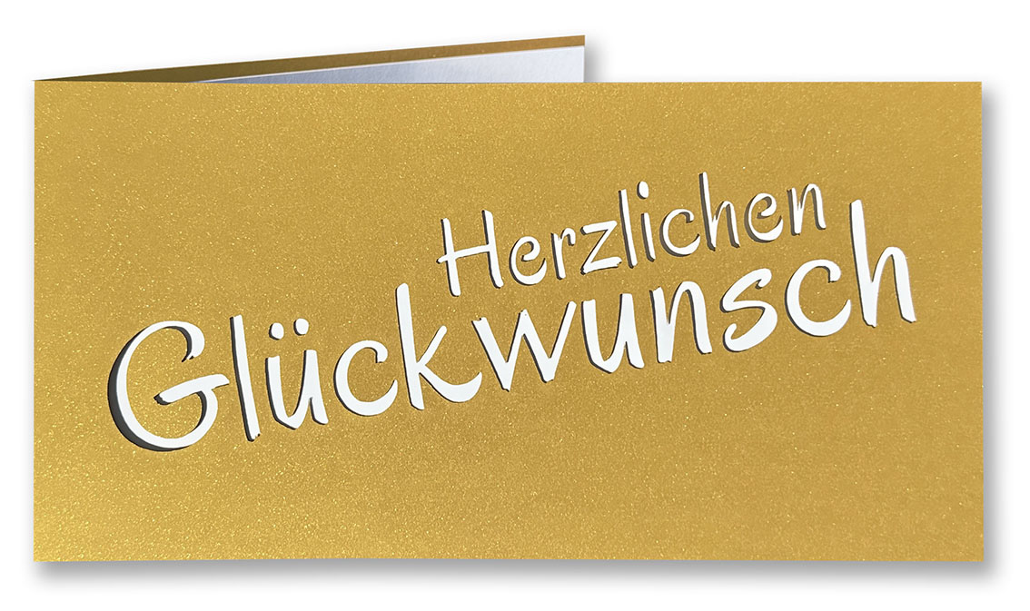 Goldene Glückwunschkarte DIN lang mit Stanzung und cremefarbenen Einlegeblatt
