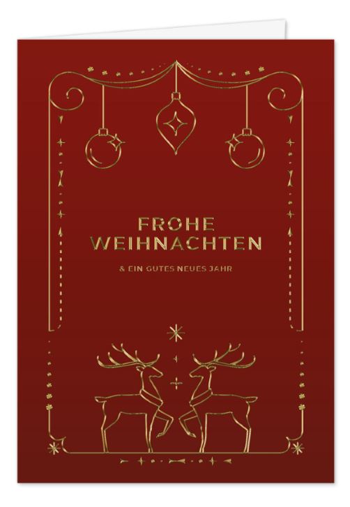 Kunstvolle Weihnachtskarte in Bordeauxrot mit zwei Hirschen, Kugeln und kunstvollem Rahmen in edler Goldprägung