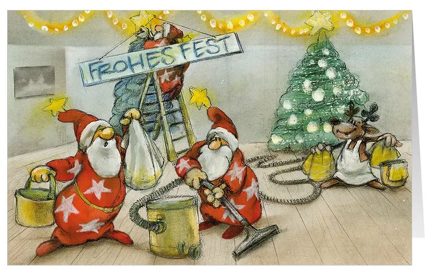 Humorvolle Branchenkarte "Blitzblank" für Reinigungsdienste mit fleißigen Weihnachtsmännern beim Putzen