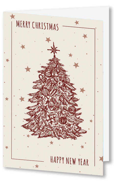 Festliche Weihnachtskarte in creme "Festlicher Tannenzauber" mit geschmücktem Christbaum und Sternenhintergrund sowie englischsprachigem Gruß