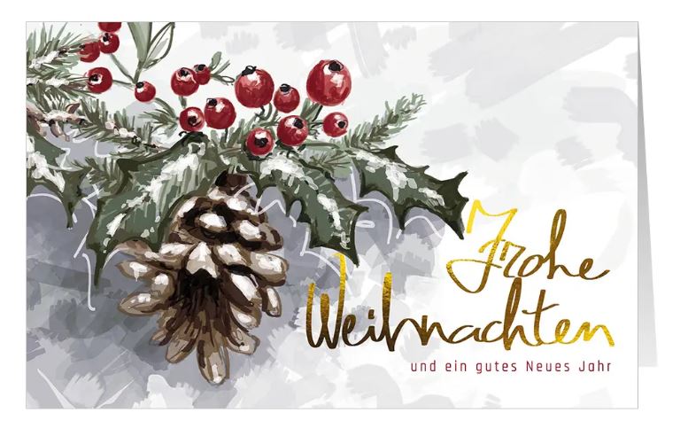 Weihnachtliche Grußkarte "Ilexgruß" im Aquarellstil mit Stechpalme, Tannenzweig und Zapfen