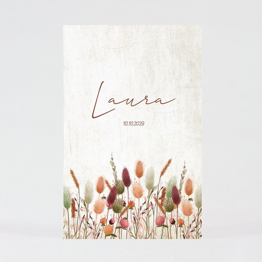 Geburtskarte "Laura" in warmen Farbtönen mit Trockenblumen und -Gräsern