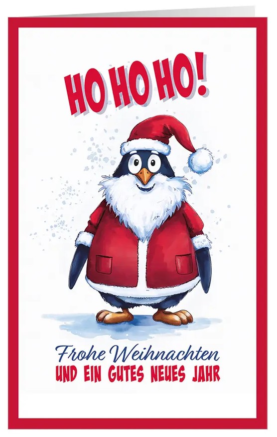 Humorvolle Weihnachtsgrußkarte "Pinguin Grüße" mit süßem Pinguin im Weihnachtsmannkostüm und Gruß
