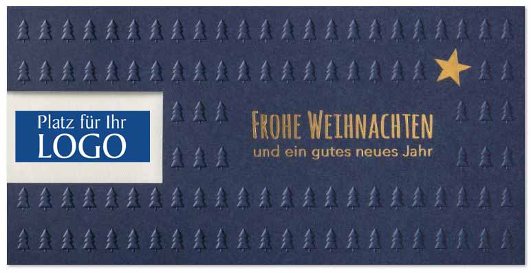 Elegante Firmen-Weihnachtskarte blau mit Logofenster, fühlbarer Blindprägung und Goldfoliendruck, Einlegeblatt 1-seitig weiß.